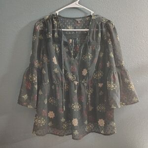 lucky Brand boho L Black Floral Patterned Women's Sheer Top
